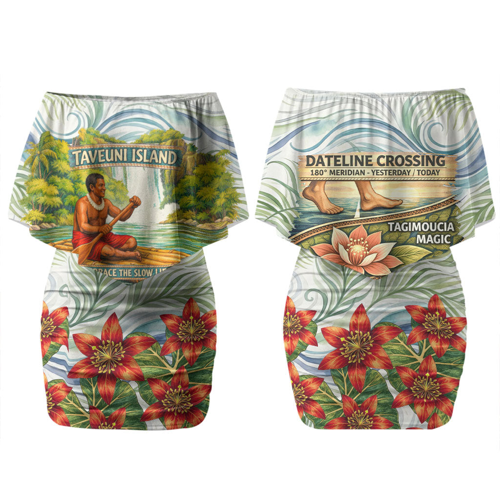 Fiji Taveuni Island Dateline Crossing Couples Matching Off Shoulder Short Dress and Long Sleeve Button Shirt Tropical Cultural Landscape With Tagimoucia Floral Pattern TS04 - Polynesian Pride
