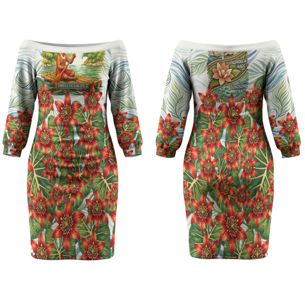 Fiji Taveuni Island Dateline Crossing Couples Matching Off The Shoulder Long Sleeve Dress and Hawaiian Shirt Tropical Cultural Landscape With Tagimoucia Floral Pattern TS04 - Polynesian Pride