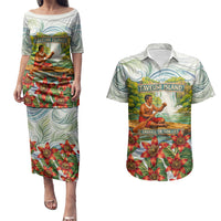 Fiji Taveuni Island Dateline Crossing Couples Matching Puletasi and Hawaiian Shirt Tropical Cultural Landscape With Tagimoucia Floral Pattern TS04 White Green - Polynesian Pride