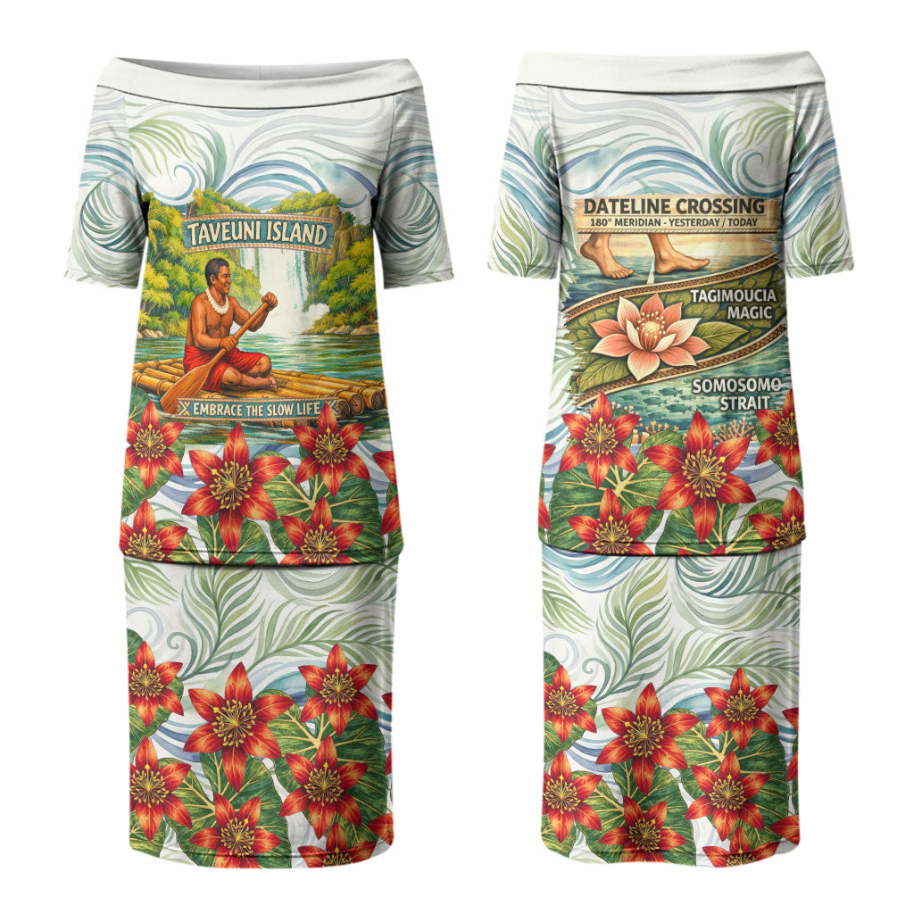 Fiji Taveuni Island Dateline Crossing Couples Matching Puletasi and Hawaiian Shirt Tropical Cultural Landscape With Tagimoucia Floral Pattern TS04 - Polynesian Pride