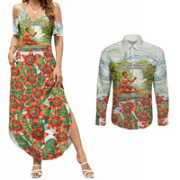 Fiji Taveuni Island Dateline Crossing Couples Matching Summer Maxi Dress and Long Sleeve Button Shirt Tropical Cultural Landscape With Tagimoucia Floral Pattern TS04 White Green - Polynesian Pride