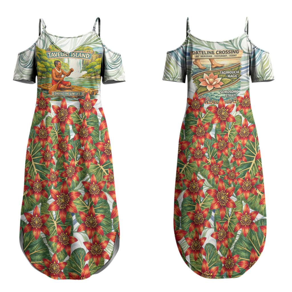 Fiji Taveuni Island Dateline Crossing Couples Matching Summer Maxi Dress and Long Sleeve Button Shirt Tropical Cultural Landscape With Tagimoucia Floral Pattern TS04 - Polynesian Pride