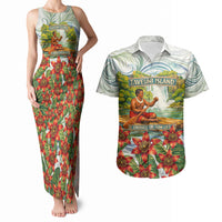 Fiji Taveuni Island Dateline Crossing Couples Matching Tank Maxi Dress and Hawaiian Shirt Tropical Cultural Landscape With Tagimoucia Floral Pattern TS04 White Green - Polynesian Pride