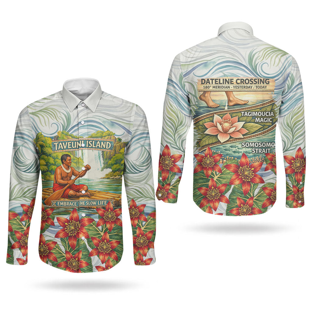 Fiji Taveuni Island Dateline Crossing Couples Matching Tank Maxi Dress and Long Sleeve Button Shirt Tropical Cultural Landscape With Tagimoucia Floral Pattern TS04 - Polynesian Pride