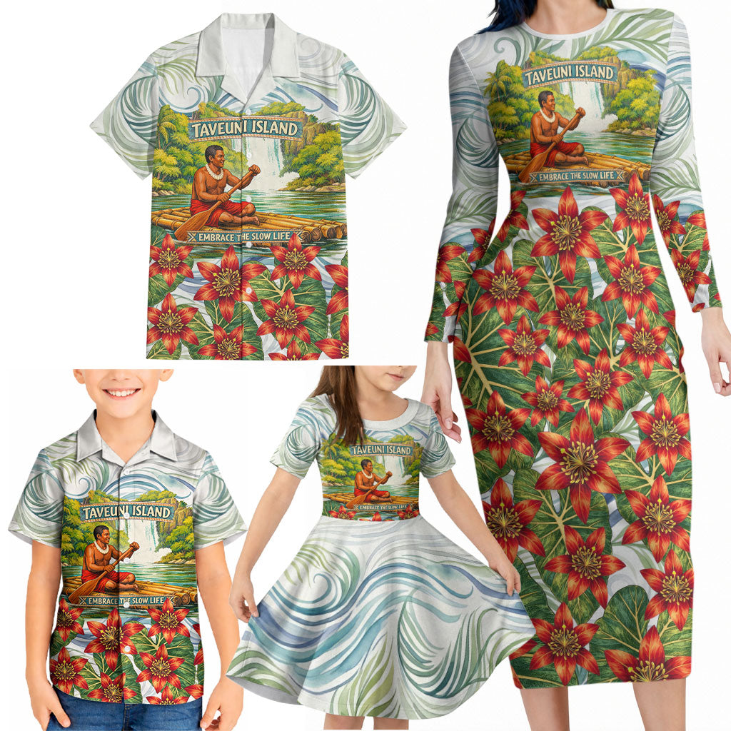 Fiji Taveuni Island Dateline Crossing Family Matching Long Sleeve Bodycon Dress and Hawaiian Shirt Tropical Cultural Landscape With Tagimoucia Floral Pattern TS04 - Polynesian Pride