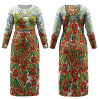 Fiji Taveuni Island Dateline Crossing Family Matching Long Sleeve Bodycon Dress and Hawaiian Shirt Tropical Cultural Landscape With Tagimoucia Floral Pattern TS04 Mom's Dress White Green - Polynesian Pride