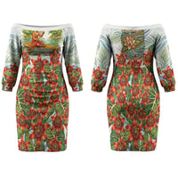 Fiji Taveuni Island Dateline Crossing Family Matching Off The Shoulder Long Sleeve Dress and Hawaiian Shirt Tropical Cultural Landscape With Tagimoucia Floral Pattern TS04 Mom's Dress White Green - Polynesian Pride
