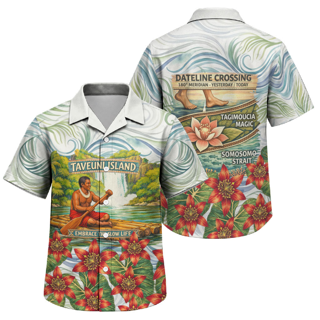 Fiji Taveuni Island Dateline Crossing Family Matching Off The Shoulder Long Sleeve Dress and Hawaiian Shirt Tropical Cultural Landscape With Tagimoucia Floral Pattern TS04 Son's Shirt White Green - Polynesian Pride
