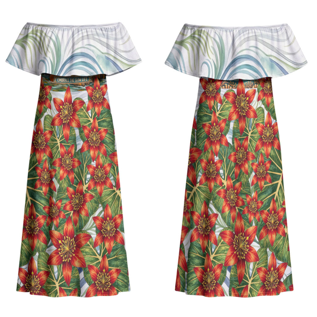 Fiji Taveuni Island Dateline Crossing Family Matching Off Shoulder Maxi Dress and Hawaiian Shirt Tropical Cultural Landscape With Tagimoucia Floral Pattern TS04 Mom's Dress White Green - Polynesian Pride