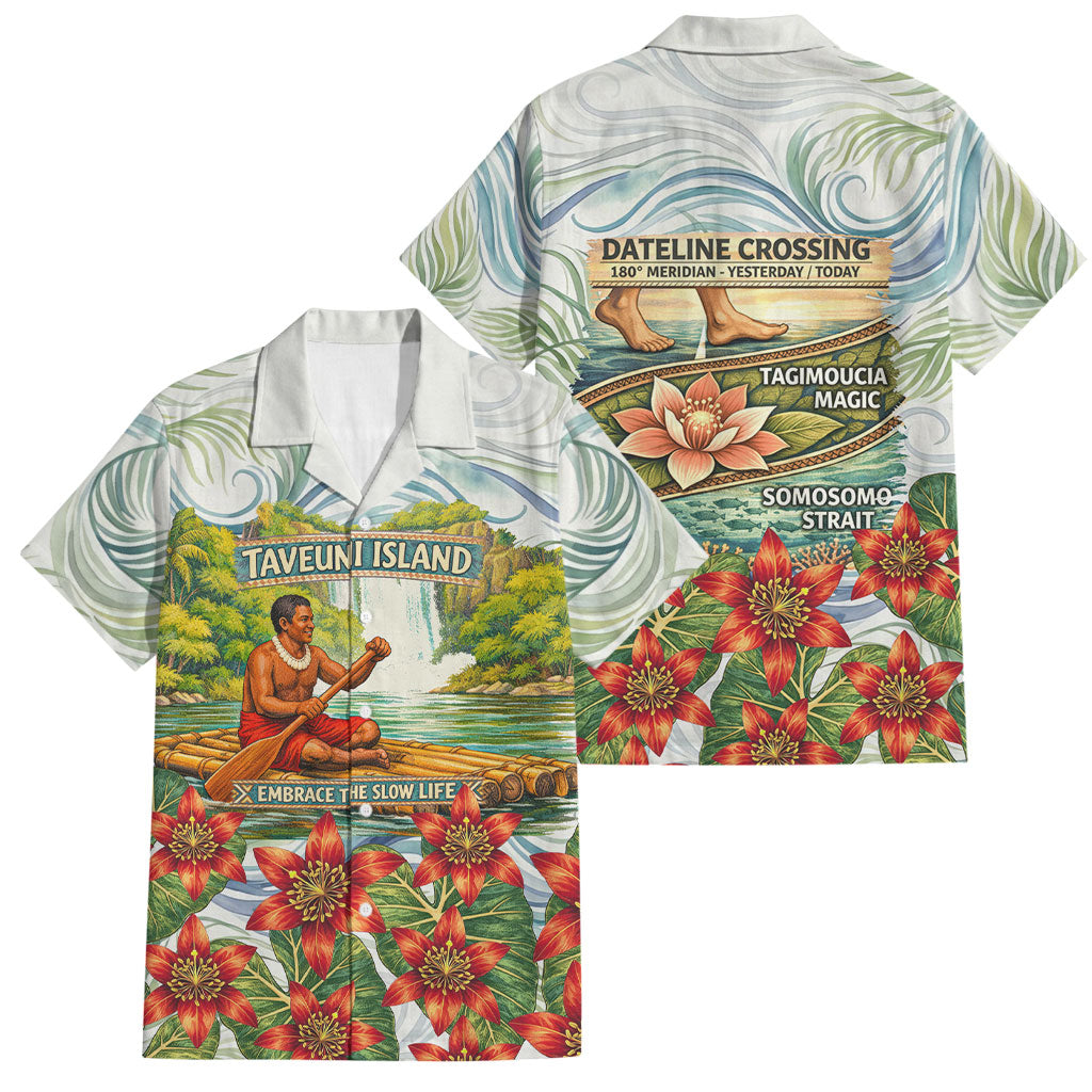 Fiji Taveuni Island Dateline Crossing Family Matching Short Sleeve Bodycon Dress and Hawaiian Shirt Tropical Cultural Landscape With Tagimoucia Floral Pattern TS04 Dad's Shirt - Short Sleeve White Green - Polynesian Pride