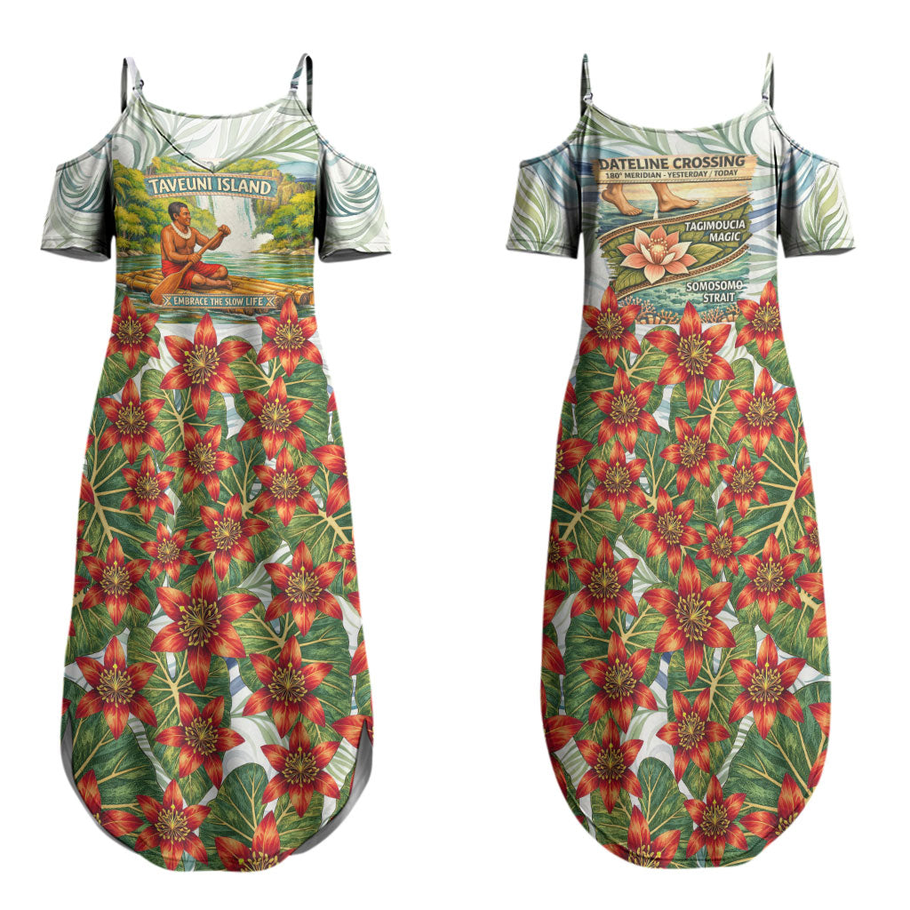 Fiji Taveuni Island Dateline Crossing Family Matching Summer Maxi Dress and Hawaiian Shirt Tropical Cultural Landscape With Tagimoucia Floral Pattern TS04 Mom's Dress White Green - Polynesian Pride