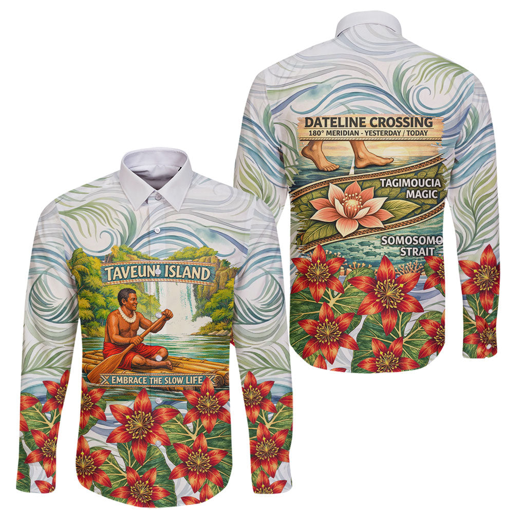 Fiji Taveuni Island Dateline Crossing Family Matching Summer Maxi Dress and Hawaiian Shirt Tropical Cultural Landscape With Tagimoucia Floral Pattern TS04 Dad's Shirt - Long Sleeve White Green - Polynesian Pride