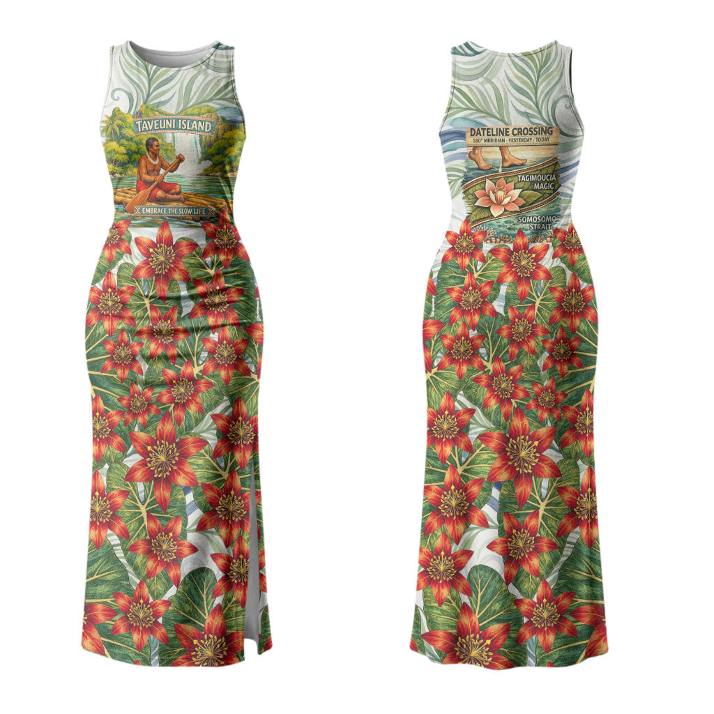Fiji Taveuni Island Dateline Crossing Family Matching Tank Maxi Dress and Hawaiian Shirt Tropical Cultural Landscape With Tagimoucia Floral Pattern TS04 Mom's Dress White Green - Polynesian Pride