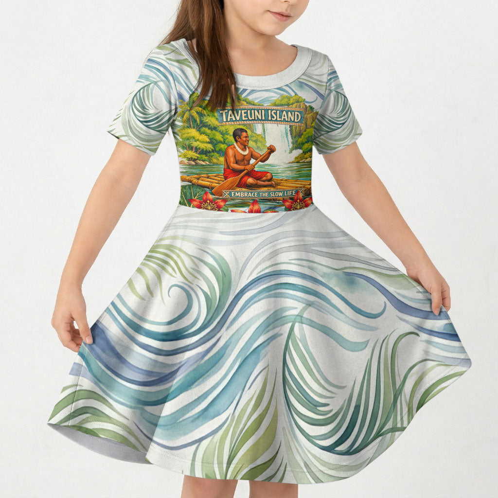 Fiji Taveuni Island Dateline Crossing Kid Short Sleeve Dress Tropical Cultural Landscape With Tagimoucia Floral Pattern