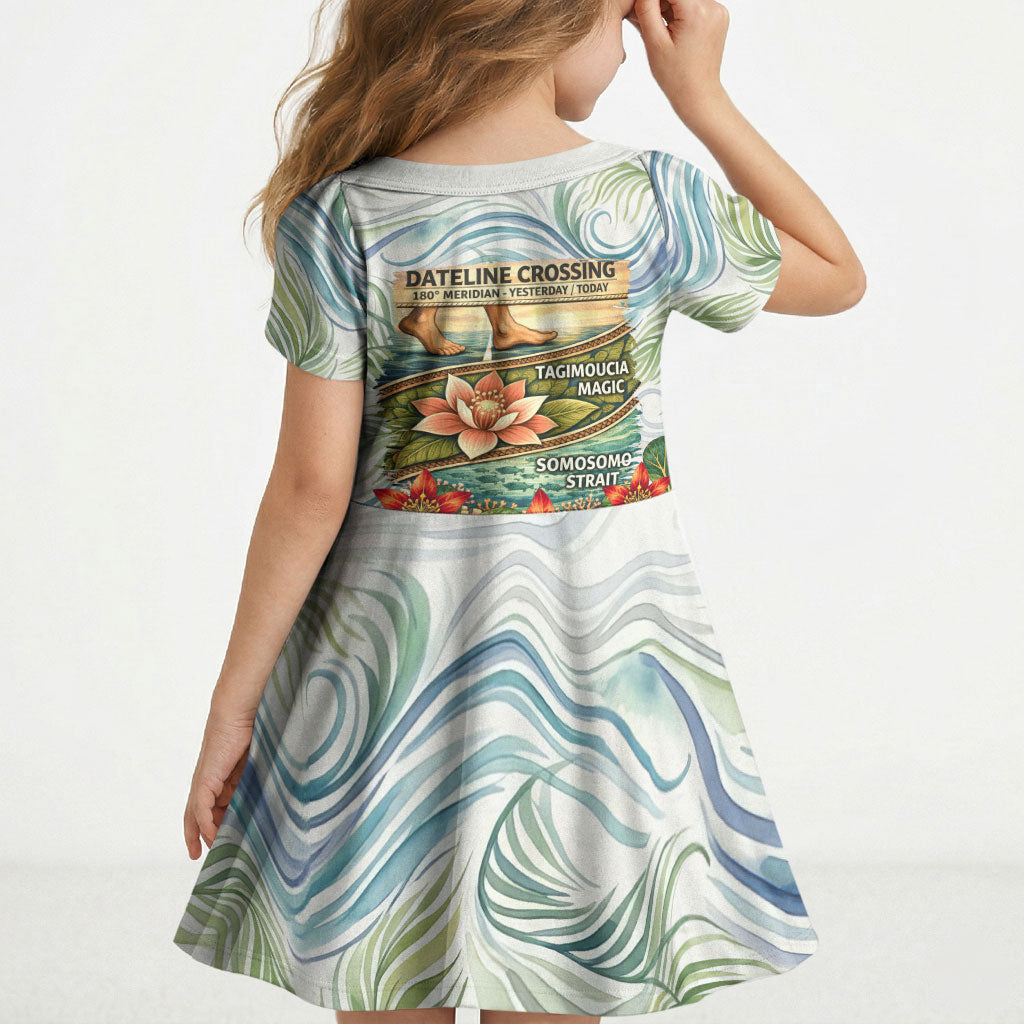 Fiji Taveuni Island Dateline Crossing Kid Short Sleeve Dress Tropical Cultural Landscape With Tagimoucia Floral Pattern TS04 - Polynesian Pride