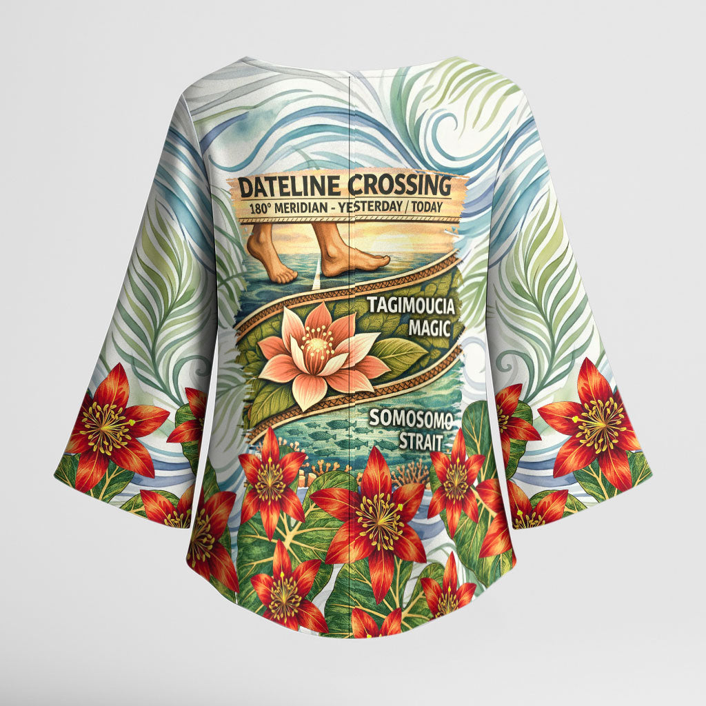 Fiji Taveuni Island Dateline Crossing Kimono Sleeve Blouse Tropical Cultural Landscape With Tagimoucia Floral Pattern TS04 - Polynesian Pride