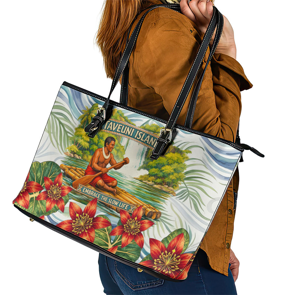 Fiji Taveuni Island Dateline Crossing Leather Tote Bag Tropical Cultural Landscape With Tagimoucia Floral Pattern