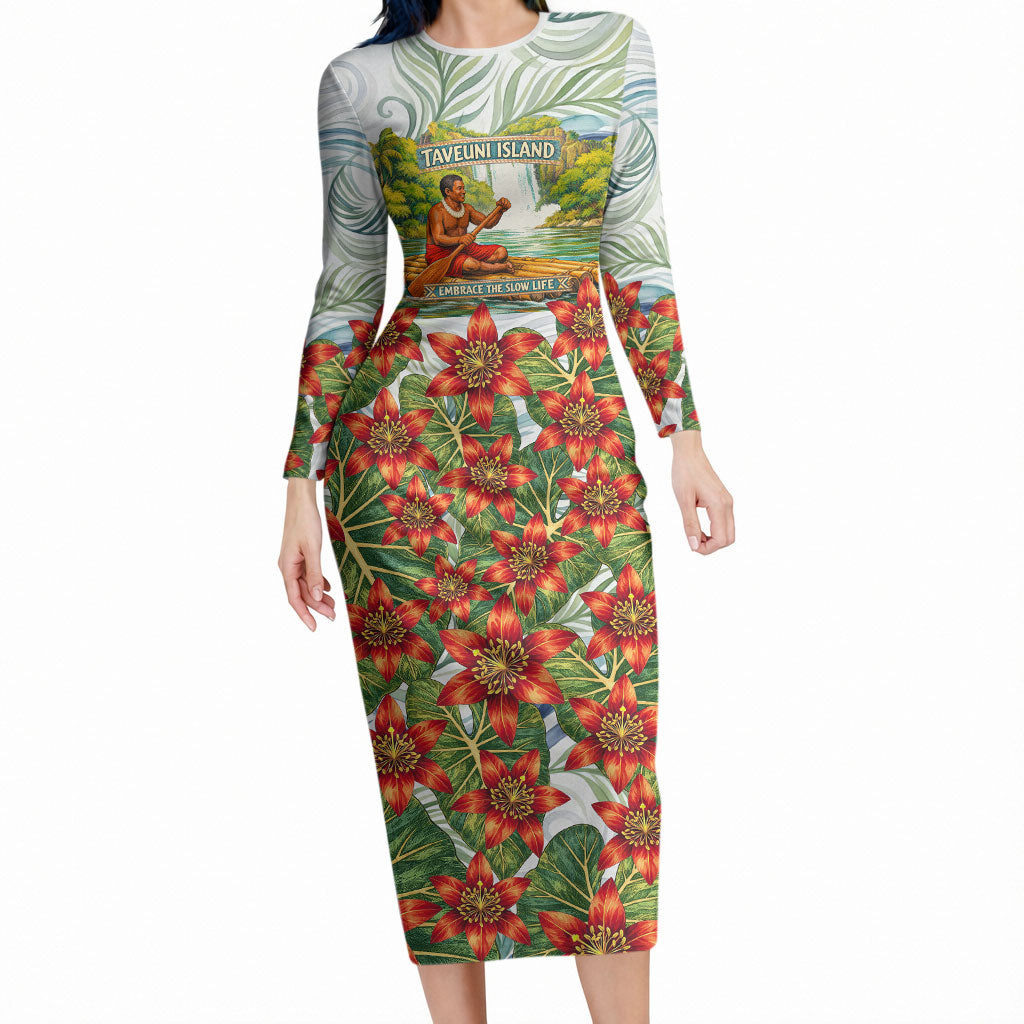 Fiji Taveuni Island Dateline Crossing Long Sleeve Bodycon Dress Tropical Cultural Landscape With Tagimoucia Floral Pattern