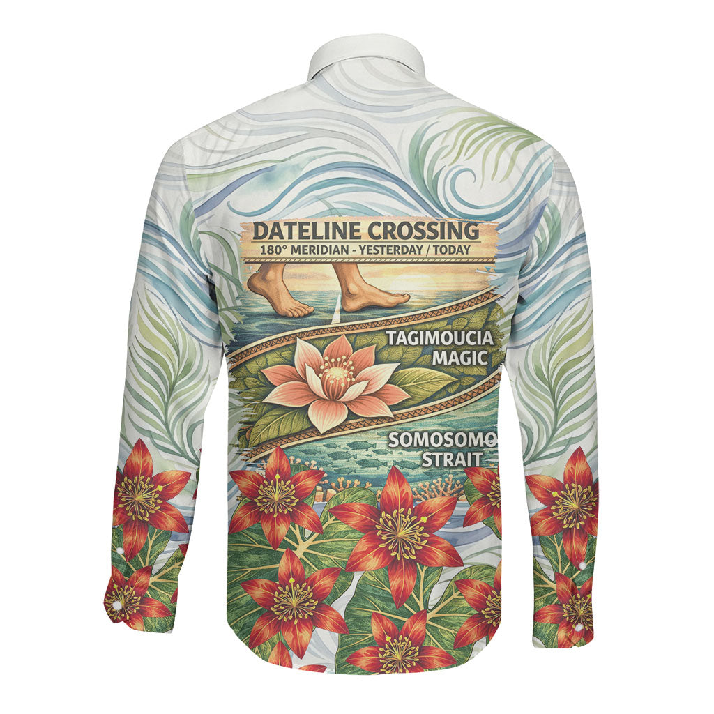 Fiji Taveuni Island Dateline Crossing Long Sleeve Button Shirt Tropical Cultural Landscape With Tagimoucia Floral Pattern TS04 - Polynesian Pride