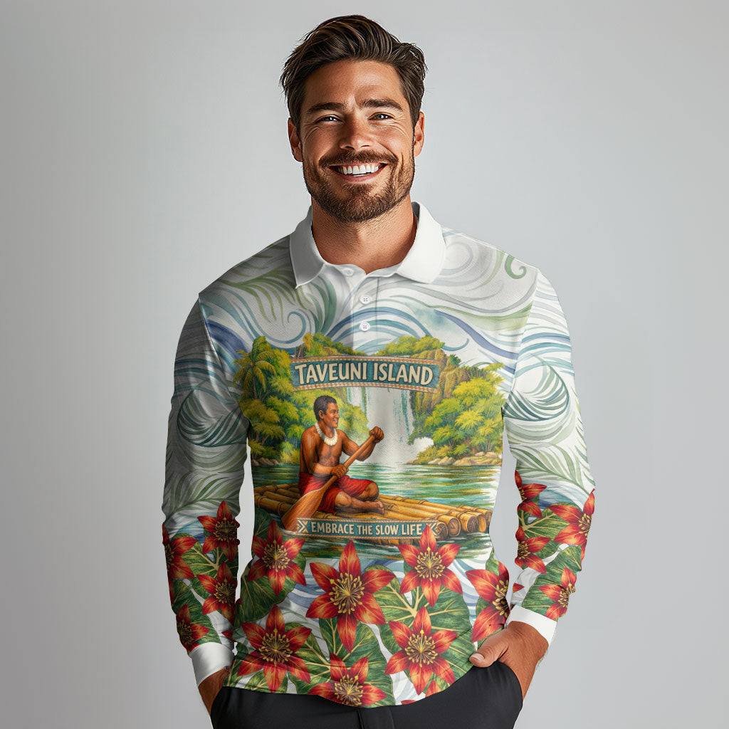 Fiji Taveuni Island Dateline Crossing Long Sleeve Polo Shirt Tropical Cultural Landscape With Tagimoucia Floral Pattern TS04 - Polynesian Pride
