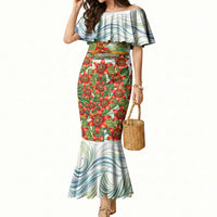 Fiji Taveuni Island Dateline Crossing Mermaid Dress Tropical Cultural Landscape With Tagimoucia Floral Pattern TS04 Women White Green - Polynesian Pride