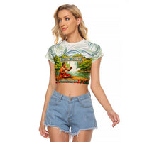 Fiji Taveuni Island Dateline Crossing Raglan Cropped T Shirt Tropical Cultural Landscape With Tagimoucia Floral Pattern TS04 Female White Green - Polynesian Pride