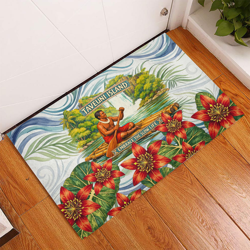 Fiji Taveuni Island Dateline Crossing Rubber Doormat Tropical Cultural Landscape With Tagimoucia Floral Pattern TS04 - Polynesian Pride
