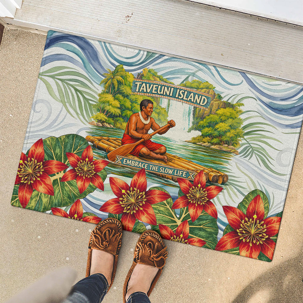 Fiji Taveuni Island Dateline Crossing Rubber Doormat Tropical Cultural Landscape With Tagimoucia Floral Pattern TS04 - Polynesian Pride