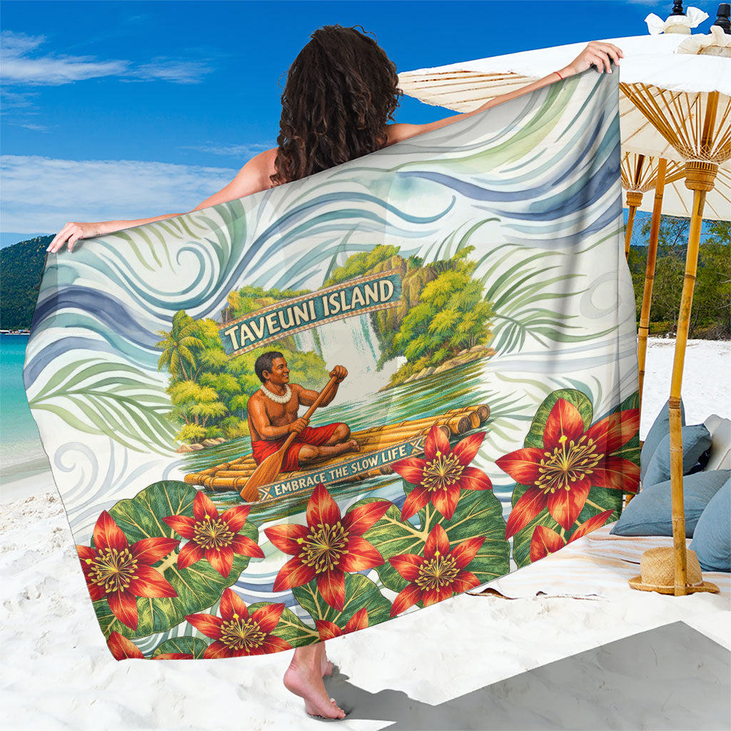 Fiji Taveuni Island Dateline Crossing Sarong Tropical Cultural Landscape With Tagimoucia Floral Pattern TS04 One Size 44 x 66 inches White Green - Polynesian Pride