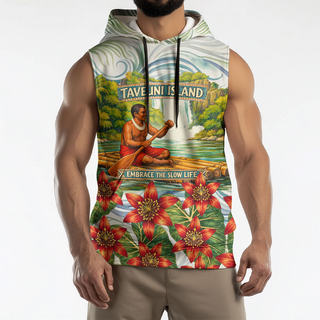 Fiji Taveuni Island Dateline Crossing Sleeveless Hoodie Tropical Cultural Landscape With Tagimoucia Floral Pattern TS04 - Polynesian Pride