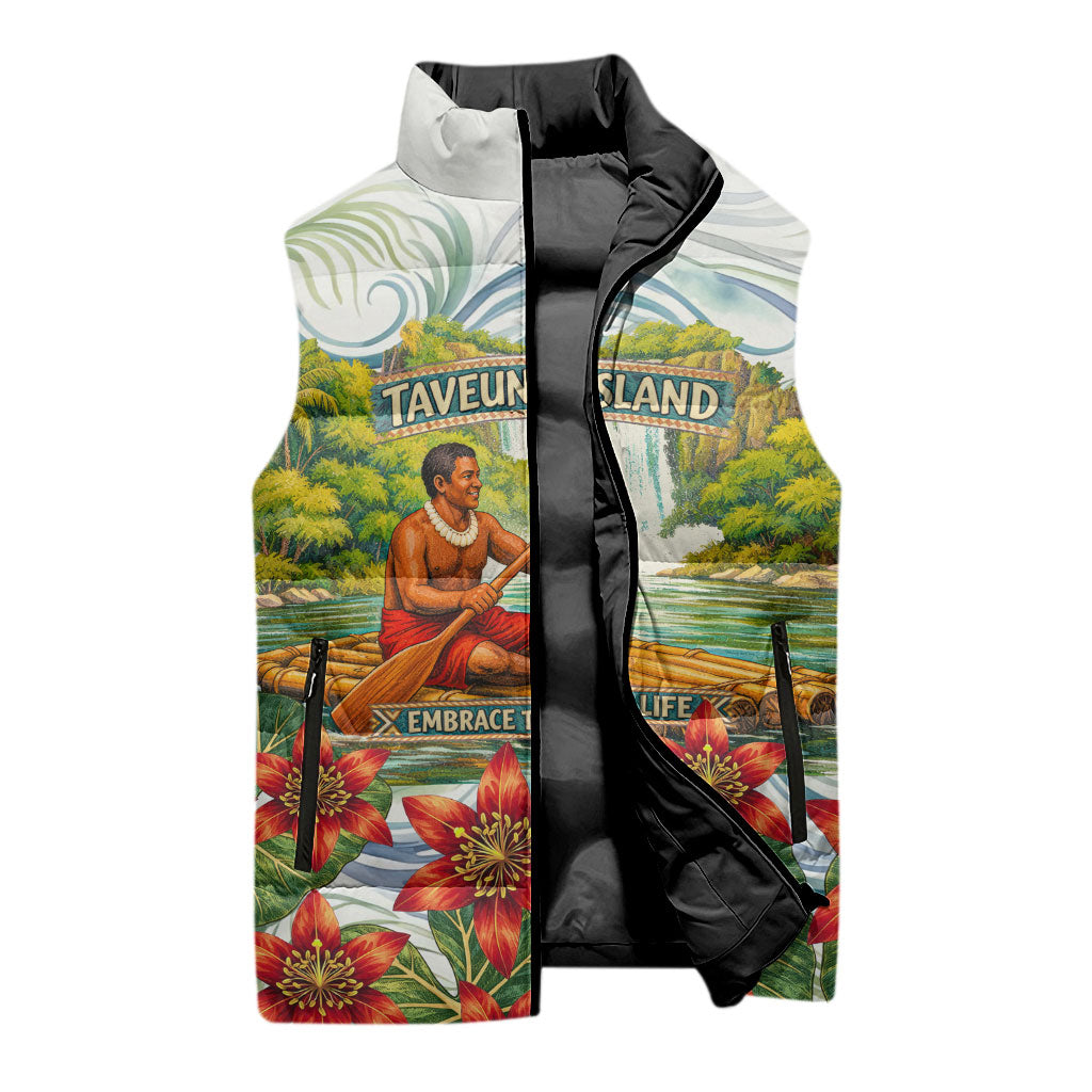 Fiji Taveuni Island Dateline Crossing Sleeveless Puffer Jacket Tropical Cultural Landscape With Tagimoucia Floral Pattern TS04 - Polynesian Pride
