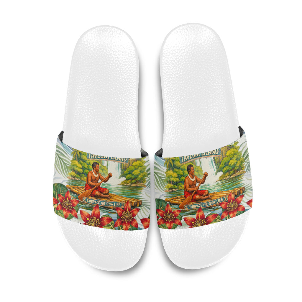 Fiji Taveuni Island Dateline Crossing Slide Sandals Tropical Cultural Landscape With Tagimoucia Floral Pattern TS04 White Green - Polynesian Pride