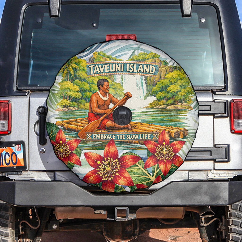 Fiji Taveuni Island Dateline Crossing Spare Tire Cover Tropical Cultural Landscape With Tagimoucia Floral Pattern TS04 White Green - Polynesian Pride