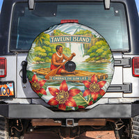 Fiji Taveuni Island Dateline Crossing Spare Tire Cover Tropical Cultural Landscape With Tagimoucia Floral Pattern TS04 White Green - Polynesian Pride