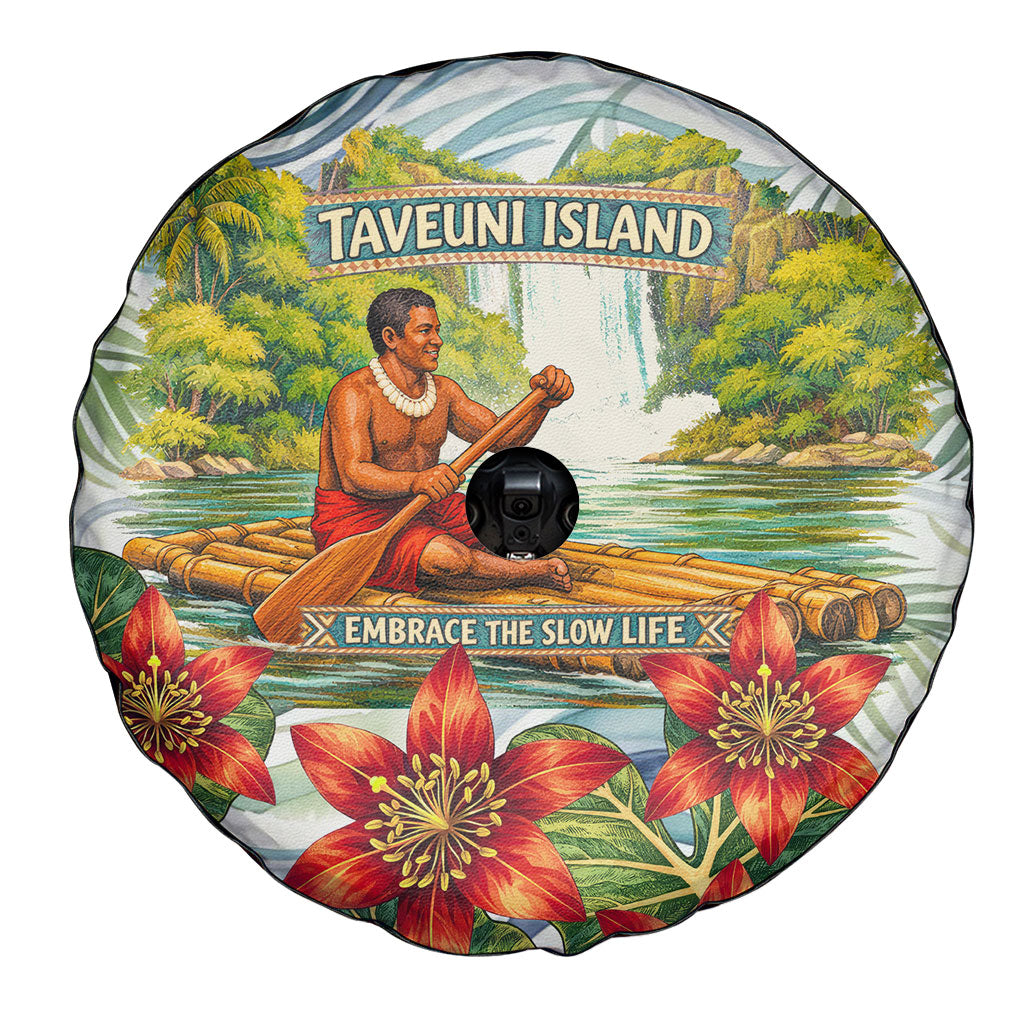 Fiji Taveuni Island Dateline Crossing Spare Tire Cover Tropical Cultural Landscape With Tagimoucia Floral Pattern TS04 - Polynesian Pride