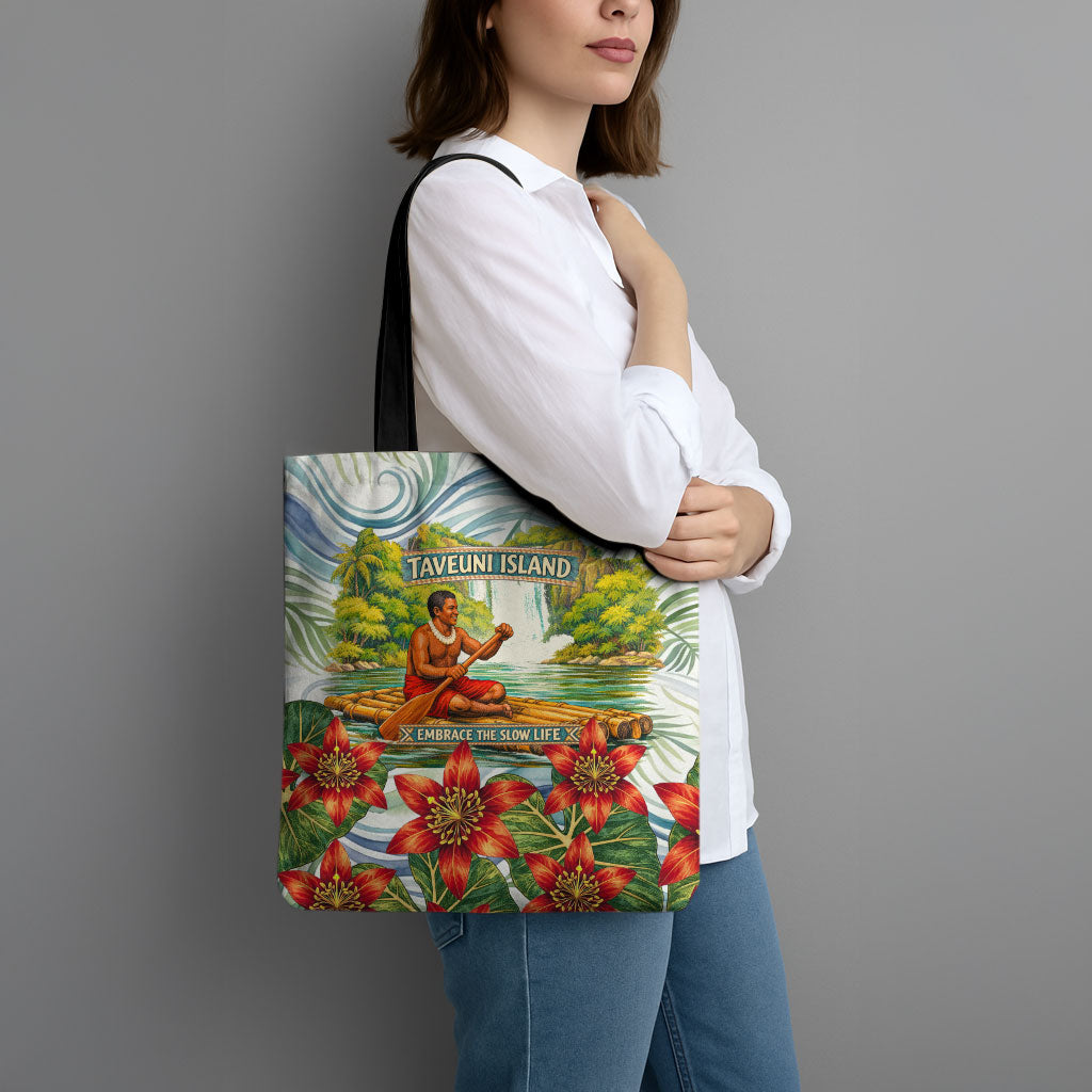 Fiji Taveuni Island Dateline Crossing Tote Bag Tropical Cultural Landscape With Tagimoucia Floral Pattern TS04 - Polynesian Pride