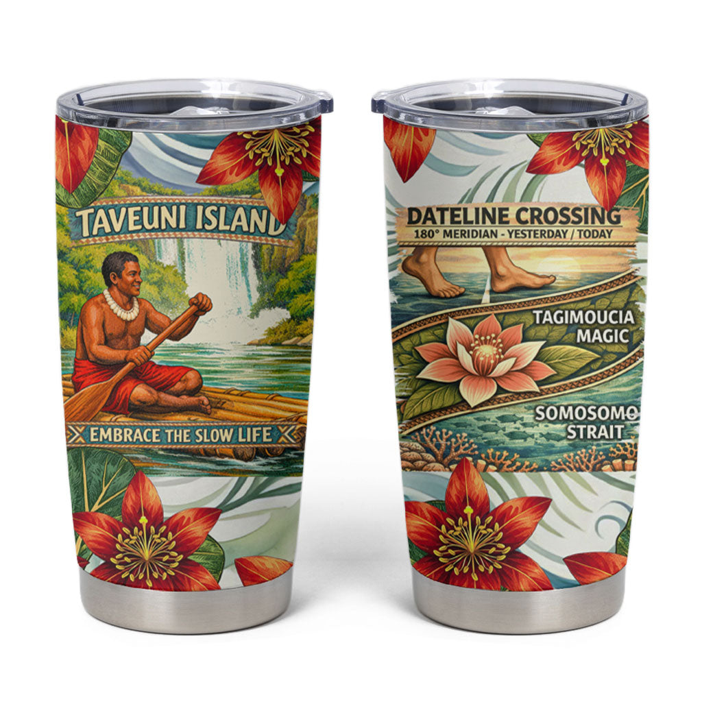 Fiji Taveuni Island Dateline Crossing Tumbler Cup Tropical Cultural Landscape With Tagimoucia Floral Pattern