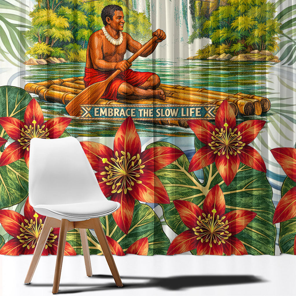 Fiji Taveuni Island Dateline Crossing Window Curtain Tropical Cultural Landscape With Tagimoucia Floral Pattern TS04 - Polynesian Pride