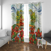 Fiji Taveuni Island Dateline Crossing Window Curtain Tropical Cultural Landscape With Tagimoucia Floral Pattern TS04 With Grommets White Green - Polynesian Pride