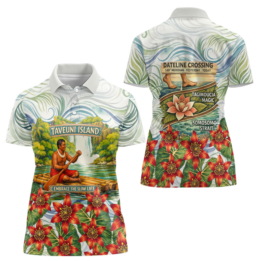 Fiji Taveuni Island Dateline Crossing Women Polo Shirt Tropical Cultural Landscape With Tagimoucia Floral Pattern TS04 - Polynesian Pride