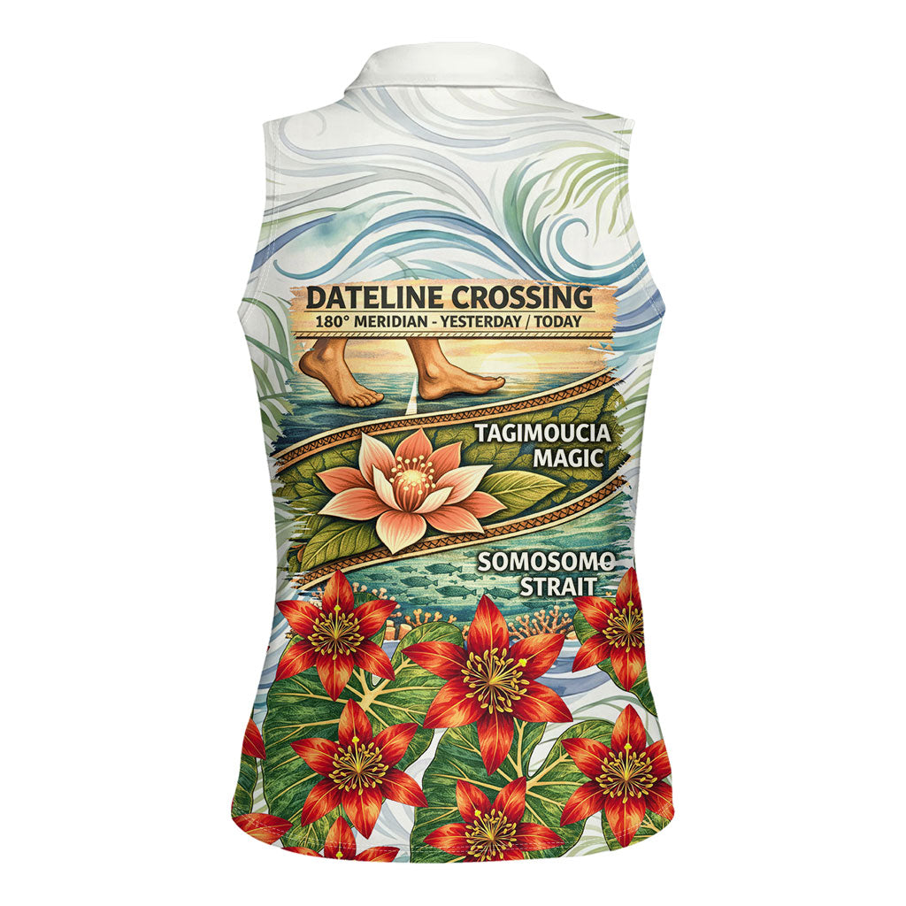 Fiji Taveuni Island Dateline Crossing Women Sleeveless Polo Shirt Tropical Cultural Landscape With Tagimoucia Floral Pattern TS04 - Polynesian Pride