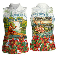 Fiji Taveuni Island Dateline Crossing Women Sleeveless Polo Shirt Tropical Cultural Landscape With Tagimoucia Floral Pattern TS04 - Polynesian Pride