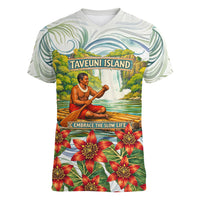 Fiji Taveuni Island Dateline Crossing Women V-Neck T-Shirt Tropical Cultural Landscape With Tagimoucia Floral Pattern TS04 Female White Green - Polynesian Pride