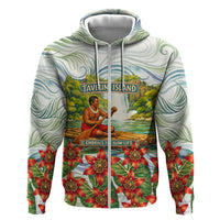 Fiji Taveuni Island Dateline Crossing Zip Hoodie Tropical Cultural Landscape With Tagimoucia Floral Pattern TS04 Zip Hoodie White Green - Polynesian Pride