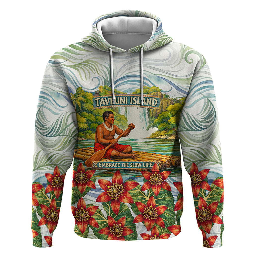 Fiji Taveuni Island Dateline Crossing Zip Hoodie Tropical Cultural Landscape With Tagimoucia Floral Pattern TS04 Pullover Hoodie White Green - Polynesian Pride