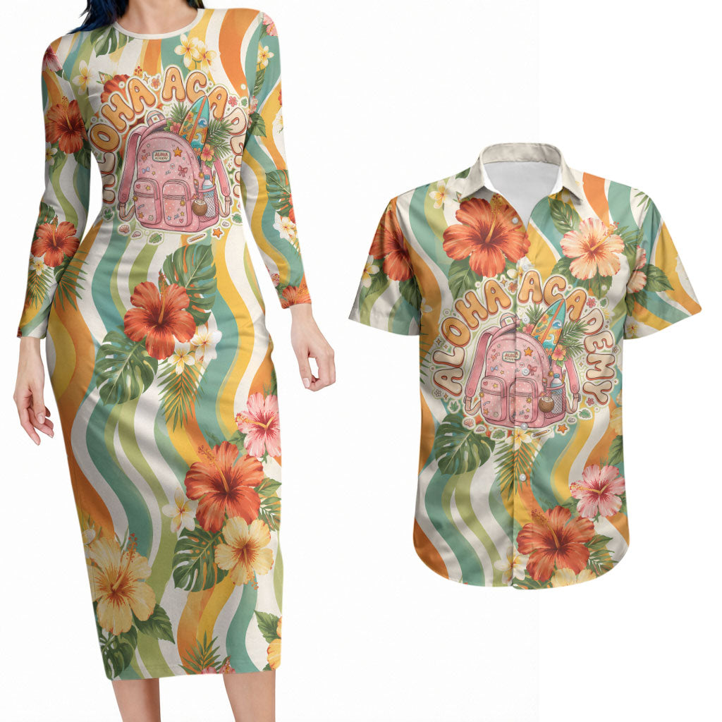 Hawaii Aloha Academy Back To School Couples Matching Long Sleeve Bodycon Dress and Hawaiian Shirt Sea Turtle Tropical Hibiscus Flowers Retro Psychedelic TS04 Orange Green - Polynesian Pride