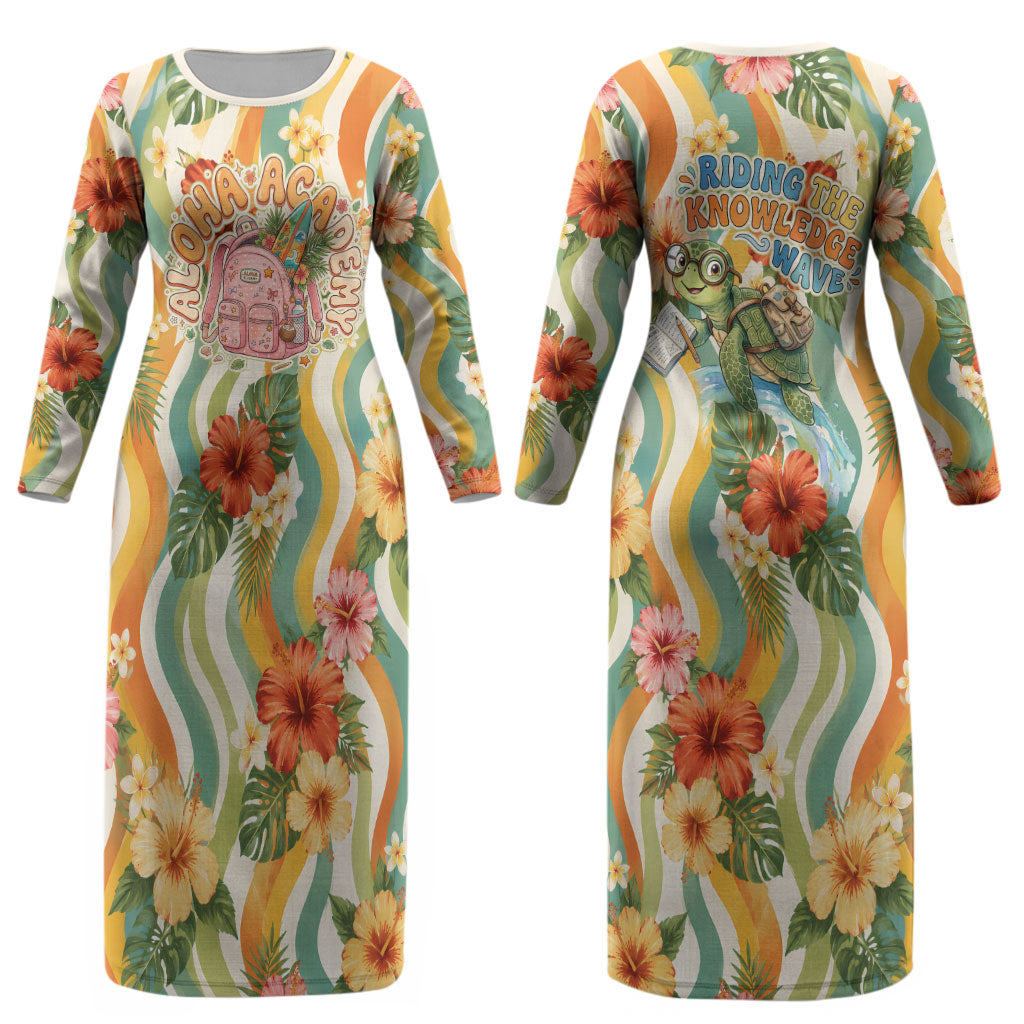 Hawaii Aloha Academy Back To School Couples Matching Long Sleeve Bodycon Dress and Hawaiian Shirt Sea Turtle Tropical Hibiscus Flowers Retro Psychedelic TS04 - Polynesian Pride