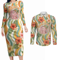 Hawaii Aloha Academy Back To School Couples Matching Long Sleeve Bodycon Dress and Long Sleeve Button Shirt Sea Turtle Tropical Hibiscus Flowers Retro Psychedelic TS04 Orange Green - Polynesian Pride