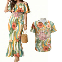 Hawaii Aloha Academy Back To School Couples Matching Mermaid Dress and Hawaiian Shirt Sea Turtle Tropical Hibiscus Flowers Retro Psychedelic TS04 Orange Green - Polynesian Pride