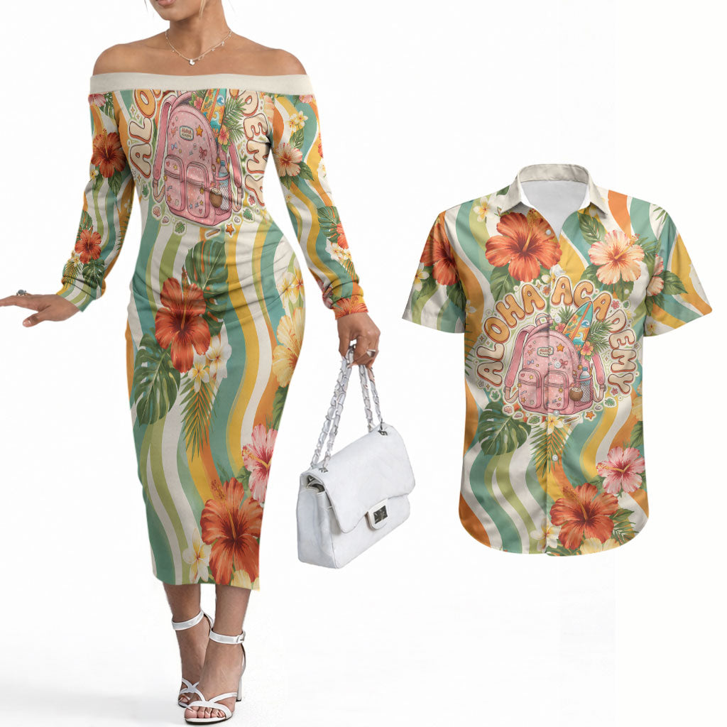 Hawaii Aloha Academy Back To School Couples Matching Off The Shoulder Long Sleeve Dress and Hawaiian Shirt Sea Turtle Tropical Hibiscus Flowers Retro Psychedelic TS04 Orange Green - Polynesian Pride